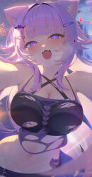 1girl :3 :d absurdres ahoge animal_ear_fluff animal_ears bandaid_on_hip blunt_bangs blurry blurry_background breasts cat_ears cat_girl cat_tail choker cleavage commentary_request criss-cross_halter crop_top fang hair_ornament hairclip halterneck heart heart_in_eye highres hololive large_breasts long_hair looking_at_viewer messy_hair navel nekomata_okayu nekomata_okayu_(personya_respect) o-ring o-ring_choker official_alternate_costume official_alternate_hair_length official_alternate_hairstyle open_fly open_mouth pov purple_eyes purple_hair see-through_shrug shirt skin_fang smile solo stomach symbol_in_eye tail torn_clothes torn_shirt virtual_youtuber yusha_(lv1_yusha_522)