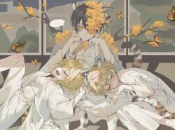 1girl 2boys animal_ears bad_id bad_twitter_id bags_under_eyes bandaged_chest black_hair blonde_hair branch bug butterfly closed_eyes closed_mouth don_quixote_(project_moon) drooling e.g.o_(project_moon) flower hair_between_eyes hanbok hand_fan highres holding holding_fan inactive_account indian_style indoors insect korean_clothes korean_commentary limbus_company long_sleeves looking_at_viewer lying maratang multiple_boys on_back on_ground on_side open_mouth pants project_moon sinclair_(project_moon) sitting sleeping sleeping_on_person spicebush_(e.g.o) tail tiger_ears tiger_tail white_hanbok white_pants yellow_eyes yellow_flower yi_sang_(project_moon)