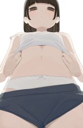 Rule 34 | 1girl, black eyes, black hair, black shorts, bow, bow panties, bra, breasts, brown eyes, closed mouth, clothes pull, commentary, from below, highres, hiroki (yyqw7151), looking at viewer, navel, original, panties, short hair, shorts, shorts pull, simple background, small breasts, solo, strap slip, underwear, white background, white bow, white bra, white panties