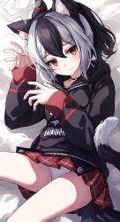 1girl absurdres animal_ear_fluff animal_ears bed_sheet black_footwear black_hoodie black_horns blue_archive cat_ears cat_tail choker demon_horns ear_piercing earclip halo highres hood hoodie horns kayoko_(blue_archive) long_sleeves lying miniskirt mole mole_on_neck multicolored_hair on_back on_bed panties panties_peek piercing plaid_clothes plaid_skirt pleated_skirt ponytail red_eyes red_skirt ripnte skirt solo tail two-tone_hair underwear upskirt white_panties