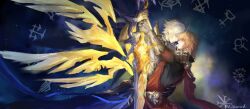 Rule 34 | 2boys, alternate form, armor, asymmetrical wings, black coat, black wings, blonde hair, cape, chinese commentary, clawed gauntlets, coat, commentary request, coreflame (honkai: star rail), cracked skin, earrings, from side, gold earrings, gold necklace, gradient hair, hair between eyes, hand on another&#039;s back, highres, holding, holding sword, holding weapon, honkai: star rail, honkai (series), jewelry, litsowk0727, male focus, material growth, multicolored hair, multiple boys, mydei (honkai: star rail), necklace, pauldrons, phainon (honkai: star rail), profile, red cape, red hair, short hair, shoulder armor, side cape, single pauldron, sword, twitter username, waist cape, weapon, wings, yaoi, yellow blood, yellow eyes, yellow wings
