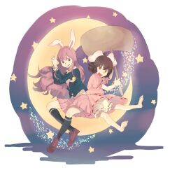 Rule 34 | 2girls, :d, animal ears, barefoot, black hair, black jacket, black socks, bloomers, brown shoes, carrot necklace, crescent, crescent moon, crescent pin, dress, finger gun, floppy ears, heasil, highres, holding, holding mallet, inaba tewi, jacket, jewelry, knees, light particles, long hair, long sleeves, mallet, moon, multiple girls, necklace, necktie, night, open mouth, pink dress, pink necktie, pink skirt, pleated skirt, purple hair, rabbit ears, rabbit girl, red eyes, reisen udongein inaba, ribbon-trimmed dress, ribbon trim, shirt, shoes, short hair, short sleeves, sitting, skirt, smile, socks, star (sky), teeth, touhou, underwear, upper teeth only, white background, white bloomers, white shirt