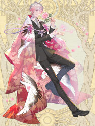 Rule 34 | 1boy, black jacket, black pants, black shoes, black suit, buttoned cuffs, buttons, collared shirt, crane print, cross-laced shoes, dairoku ryouhei, dress shoes, falling petals, floral print, floral print kimono, flower, formal clothes, gradient clothes, gradient kimono, grey hair, grey necktie, hands up, holding, holding flower, infospikee, jacket, japanese clothes, kimono, kimono on shoulders, long sleeves, looking at viewer, male focus, multicolored hair, musical note, necktie, open hand, pants, parted lips, peony (flower), petals, pink eyes, pink flower, pink hair, pink kimono, print kimono, red kimono, shirt, shoes, short hair, sideways glance, smile, solo, standing, standing on one leg, streaked hair, suit, suit jacket, sweater guard, tassel, white shirt, wispy bangs