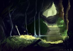 Rule 34 | absurdres, bush, cave, dated, grass, highres, makoto bga, nature, no humans, original, outdoors, plant, planted, planted sword, planted weapon, scenery, sword, tree, water, waterfall, weapon