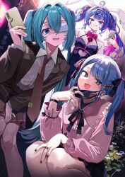 3girls animal_ears animal_hood bare_shoulders black_leotard black_skirt blue_hair brown_jacket brown_skirt cellphone chest_harness clothing_cutout cutout_above_navel fake_animal_ears group_picture harness hatsune_miku heart_cutout highres holding holding_phone hood jacket leotard mask miniskirt mouth_mask multicolored_hair multiple_girls nishizawa open_mouth phone pink_hair playboy_bunny pleated_skirt rabbit_ears rabbit_hood shirt skirt smartphone spaghetti_strap twintails two-tone_hair vocaloid white_shirt