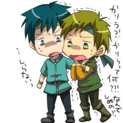 2boys antenna_hair aqua_jacket belt belt_buckle black_belt black_boots black_pants blue_eyes blue_hair boots buckle chibi clenched_hands commentary_request frown furrowed_brow green_belt green_boots green_eyes green_hair green_tunic holding_another&#039;s_arm hoshi_wo_miru_hito jacket jitome layered_sleeves long_sleeves looking_down lowres male_focus messy_hair minami_(hoshi_wo_miru_hito) multiple_belts multiple_boys open_mouth pants scared shiba_(hoshi_wo_miru_hito) shirt shoe_belt short_hair short_over_long_sleeves short_sleeves simple_background socoo stargazer_(series) sweat translation_request trembling tunic turtleneck turtleneck_jacket wavy_mouth white_background wide-eyed wristband yellow_shirt zipper zipper_pull_tab