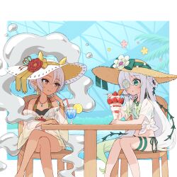 2girls alternate_costume anemone_(princess_connect!) bikini blue_gemstone bow brown_hat chair cocktail crossed_legs drinking_straw earrings flower flower_eyepatch flower_over_eye food fruit fujiyama_(yellow) gem green_bikini green_bow green_eyes grey_hair hair_vines hand_on_own_chin hat hat_bow hat_flower highres jewelry lemon lemon_slice long_hair looking_at_another monster_girl multiple_girls necklace nefi=nera pointy_ears princess_connect! red_eyes red_flower see-through_clothes see-through_shirt shirt short_hair side-tie_bikini_bottom sitting slime_girl sorbet straw_hat swimsuit table thorns tied_shirt white_flower white_hat