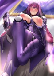 1girl absurdres armor bodysuit breasts breasts_out commission fate/grand_order fate_(series) feet fur_collar hair_between_eyes highres kymp large_areolae large_breasts legs long_hair looking_at_viewer nipples pauldrons pixiv_commission puffy_nipples purple_bodysuit purple_hair red_eyes scathach_(fate) scathach_skadi_(fate) shoulder_armor smile soles tiara toes waist_cape