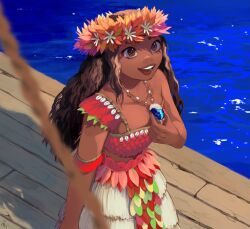 1girl brown_eyes brown_hair dark-skinned_female dark_skin day flower_wreath grass_skirt head_wreath jewelry long_hair moana_(movie) moana_waialiki necklace open_mouth outdoors pano_(mohayayamai) solo teeth upper_teeth_only water wooden_floor
