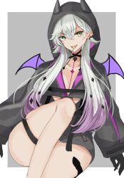1girl black_hands black_jacket body_markings breasts candy choker cleavage colored_extremities crossed_bangs demon_girl demon_horns demon_wings ear_piercing fate/grand_order fate_(series) food green_eyes grey_hair hair_between_eyes haruna_chino highres hood horns jacket lilith_(fate) lilith_(first_ascension)_(fate) lollipop long_hair long_sleeves looking_at_viewer low_twintails medium_breasts piercing pointy_ears smile solo thigh_strap thighs twintails wings