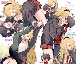 ! !! !? &gt;_&lt; 1boy 1girl age_difference all_fours assertive_female black_hair blonde_hair blush body_writing breasts cardigan character_name cigarette closed_eyes collared_shirt cup degrees_of_lewdity english_text flying_sweatdrops hair_between_eyes hair_ornament hair_over_one_eye hairband hairclip height_difference hetero highres holding holding_cup kiss large_breasts long_hair long_sleeves lying migishita miniskirt mouth_hold multiple_views necktie on_back onee-shota open_clothes open_mouth plaid_clothes plaid_skirt player_character_(degrees_of_lewdity) player_character_(male)_(degrees_of_lewdity) red_necktie red_skirt school_uniform shirt sitting skirt smoke smoking tears white_shirt whitney_(degrees_of_lewdity) whitney_(female)_(degrees_of_lewdity)