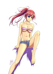 10s 1girl 2011 bandeau bare_shoulders barefoot blue_eyes breasts cleavage covered_erect_nipples denim denim_shorts female_focus highres large_breasts long_hair mcq midriff navel ponytail red_hair short_shorts shorts side_ponytail simple_background sitting skindentation smile solo