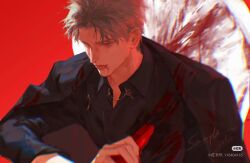 1boy black_jacket black_shirt black_suit blood blood_from_mouth closed_mouth formal_clothes gulu_(youmiaoyoudianer) gun holding holding_gun holding_weapon jacket looking_to_the_side love_and_deepspace male_focus nose parted_bangs red_background red_eyes shirt short_hair solo suit sylus_(love_and_deepspace) upper_body weapon white_hair