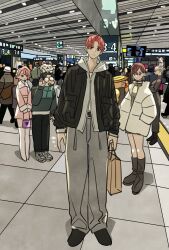 ayase_momo ayase_seiko black_boots black_hair black_jacket boots choker closed_mouth commentary dandadan earrings enjoji_jin full_body glasses hair_between_eyes highres hood hoodie jacket jewelry looking_at_viewer mr._mantis_shrimp on_head people pink_hair shiratori_aira_(dandadan) takakura_ken_(dandadan) takeuchi_ryousuke turbo_granny_(dandadan)