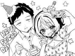 1boy 1girl :d :t akiyama_enma breasts cake cake_slice cellphone cleavage closed_mouth collarbone collared_shirt colored_bangs commentary_request dress_shirt eating english_text food fork greyscale hair_intakes hat holding holding_fork holding_phone holding_plate iphone jitome large_breasts monochrome noa-senpai_wa_tomodachi. ootsuka_rihito open_mouth party_hat phone plate puffy_short_sleeves puffy_sleeves saotome_noa selfie shirt short_hair short_sleeves simple_background smartphone smile star_(symbol) very_short_hair white_background