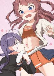 2girls abs absurdres blue_eyes blush brown_hair cheerleader commentary_request cowboy_shot crop_top gakuen_idolmaster hanami_saki heart highres idolmaster jacket kaya_rinha kissing_stomach long_hair midriff multiple_girls nanafuku navel open_mouth orange_skirt pink_background purple_hair skirt stomach twintails two_side_up white_jacket yuri