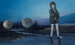 Rule 34 | 1girl, aqua eyes, black hair, black legwear, fantasy, highres, kgt (pixiv12957613), looking at viewer, original, radio telescope, runway, scenery, science fiction, short hair, sweater