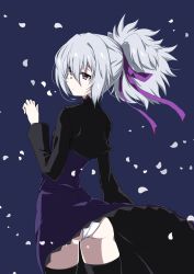1girl ass darker_than_black dress female_focus hair_ribbon highres kaname_nagi medium_hair panties ponytail purple_dress purple_skirt ribbon silver_hair skirt solo thighhighs underwear yin_(darker_than_black)
