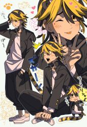 1boy :3 :p animal_ears bell black_hair black_jacket black_pants blonde_hair chibi closed_mouth double_v earrings full_body hair_over_one_eye hand_in_pocket hand_up hands_up hanemiya_kazutora highres jacket jewelry long_sleeves looking_at_viewer male_focus neck_tattoo open_mouth pants piyo_egg school_uniform shirt shoes short_hair single_earring sitting smile tail tattoo tiger_boy tiger_ears tiger_tail tokyo_revengers tongue tongue_out upper_body v white_background white_footwear white_shirt yellow_eyes