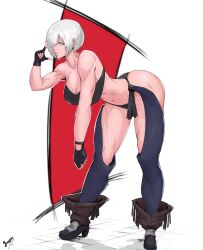 1girl angel_(kof) ass bent_over blue_eyes boots breasts cleavage curvy female_focus fingerless_gloves gloves hair_over_one_eye hanging_breasts heel_up huge_ass juggler_(sun_juggler) large_breasts leather leather_gloves looking_at_viewer one_eye_covered pale_skin panties short_hair snk standing sun_juggler the_king_of_fighters thick_thighs thighs underwear white_hair wide_hips