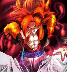 1boy absurdres blue_eyes blue_sash body_fur dougi dragon_ball dragon_ball_gt fusion_dance gogeta highres male_focus metamoran_vest monkey_boy monkey_tail muscular red_fur sash smirk spiked_hair super_saiyan super_saiyan_4 tail teeth yuuri_(fukuroudou)