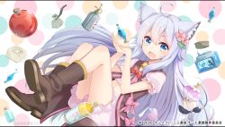 1girl absurdres ahoge animal_ear_fluff animal_ears bell bloomers blue_eyes boots borumete bottle cheat_kusushi_no_slow_life end_card fang flower hair_flower hair_ornament highres midriff navel noela_(cheat_kusushi_no_slow_life) official_art open_mouth puffy_short_sleeves puffy_sleeves ribbon short_sleeves silver_hair smile tail underwear wolf_ears wolf_girl wolf_tail
