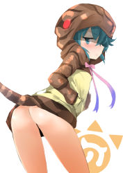 10s 1girl :&lt; ass blue_eyes blue_hair closed_mouth cowboy_shot female_focus gradient_ribbon hair_between_eyes hands_in_pockets highres hood hood_up hoodie japari_symbol kemono_friends looking_at_viewer looking_back muoto ribbon simple_background snake_tail solo tail thighs tsuchinoko_(kemono_friends) white_background
