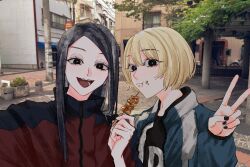 2girls baby_walkure black_hair black_nails black_shirt blonde_hair blue_jacket blush closed_mouth commentary_request food food_on_face fukagawa_mahiro hair_between_eyes highres holding holding_skewer jacket long_hair looking_at_viewer multiple_girls nail_polish open_clothes open_jacket open_mouth photo_background real_world_location red_jacket selfie shirt short_hair skewer sugimoto_chisato sumida_(tokyo) teeth tokyo_(city) tosots_miroku very_long_hair zipper zipper_pull_tab