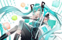 1girl :d aqua_eyes aqua_hair aqua_nails aqua_necktie arm_tattoo black_pants black_shirt black_shoes black_sleeves breasts collared_shirt commentary_request cube detached_sleeves hatsune_miku headset highres long_hair long_sleeves musical_note nail_polish necktie number_tattoo open_mouth pants re_nantoka3 shirt shoes smile solo spring_onion tattoo twintails vocaloid white_background