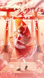 1girl black_shoes bow branch breasts brown_hair cherry_blossoms chinese_commentary commentary_request day detached_sleeves frilled_bow frilled_hair_tubes frilled_skirt frills from_behind hair_bow hair_tubes hakurei_reimu highres holding holding_umbrella long_hair looking_back mibai_yume multiple_torii outdoors parasol parted_lips path petals red_bow red_eyes red_skirt red_umbrella red_vest ribbon-trimmed_sleeves ribbon_trim road shoes skirt socks solo stairs standing torii touhou umbrella vest white_sleeves white_socks wide_shot wide_sleeves