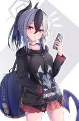 1girl backpack bag black_choker black_hair black_hoodie blue_archive cellphone choker collarbone cowboy_shot demon_horns demon_wings grey_hair hair_between_eyes halo hand_in_pocket hand_up holding holding_phone hood hood_down hoodie horns kayoko_(blue_archive) long_hair long_sleeves looking_at_viewer low_wings miniskirt mole mole_on_neck multicolored_hair parted_lips phone piercing plaid_clothes plaid_skirt pleated_skirt ponytail red_eyes red_skirt sidelocks simple_background single_wing skirt smartphone solo tooto_(ryuto333) two-tone_hair white_background white_hair wings