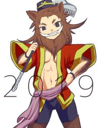 1girl 2019 akira_(meltyhip) animal_ears beard bearded_girl bike_shorts black_eyes boar_ears breasts brown_hair chinese_zodiac facial_hair female_focus fur hat highres hoe monster_girl navel original simple_background solo teeth tusks white_background