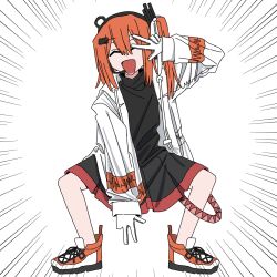 a.i._voice adachi_rei belt black_shirt black_skirt closed_eyes cosplay double-parted_bangs flat_chest full_body gloves hair_between_eyes hand_up headlamp highres jacket kasane_teto kasane_teto_(cosplay) long_sleeves medium_skirt open_clothes open_jacket open_mouth orange_hair pleated_skirt ponytail radio_antenna red_belt shirt shoes short_hair side_ponytail simple_background skirt sneakers standing utau v v_over_eye white_background white_gloves white_shoes yoyo_(nashjpp)