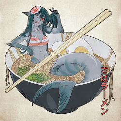 1girl ;p artist_name bowl bra breasts chopsticks collarbone colored_skin commentary egg egg_(food) english_commentary female_focus fins food full_body green_hair grey_skin hair_between_eyes hair_ornament hand_in_own_hair hardboiled_egg head_fins head_tilt highres in_bowl in_container in_food long_hair looking_at_viewer medium_breasts mermaid mini_person minigirl monster_girl multicolored_skin nana_nakano navel noodles one_eye_closed original ramen red_eyes smile solo striped_bra striped_clothes tongue tongue_out translation_request underwear w