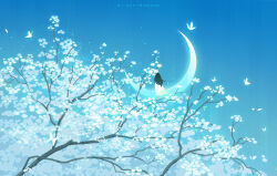 1girl artist_name black_hair branch bug butterfly crescent_moon dress facing_away flower from_behind glowing huhv. insect long_hair moon original outdoors scenery sky solo tree watermark web_address white_butterfly white_dress white_flower