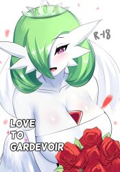 1girl antennae arched_back ass bare_shoulders between_breasts blush bob_cut body_blush breasts bridal_veil cleavage collarbone colored_skin commission dress ears elbow_gloves female female_focus flower gardevoir gen_3_pokemon gloves green_eyes heart highres huge_ass huge_breasts leaning_forward light-skin light-skinned_females lips long_arms long_ears neckline nintendo petals pixiv_commission pixiv_id pixiv_link pointy_ears pokemon pokemon_(creature) purple_eyes red_flower sana!rpg shiny_clothes shiny_skin short_hair smile solo solo_focus tongue veil wedding_dress white_background white_dress white_gloves white_lips white_skin wide_hips