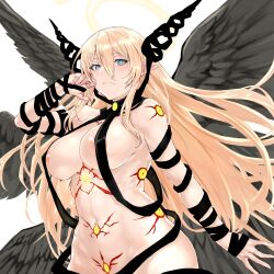 1girl areola_slip black_wings blonde_hair blue_eyes breasts closed_mouth commentary_request convenient_censoring cowboy_shot feathered_wings hair_between_eyes halo highres large_breasts long_bangs long_hair looking_at_viewer micaela_(mon-musu_quest!) micaela_(monster_realm)_(mon-musu_quest!) midriff_tattoo mon-musu_quest! navel navel_piercing nude nuppehofu_(nibuta) piercing pointy_ears pubic_tattoo shoulder_tattoo simple_background solo stomach_tattoo tattoo traditional_halo very_long_hair wings yellow_halo