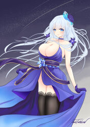 Rule 34 | 1girl, azur lane, bare shoulders, blue eyes, blue flower, breasts, cleavage, criss-cross halter, dress, evening gown, flower, gloves, gold trim, hair flower, hair ornament, halter dress, halterneck, highres, huge breasts, illustrious (azur lane), illustrious (never-ending tea party) (azur lane), lace, lace-trimmed thighhighs, lace trim, livetarica, long hair, looking at viewer, mole, mole under eye, night, night sky, official alternate costume, outdoors, purple dress, purple flower, purple gloves, purple ribbon, ribbon, signature, sky, sleeveless, sleeveless dress, solo, thighhighs, tri tails, very long hair, white hair