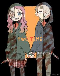 2girls arm_at_side bandages black_background black_collar blonde_hair blood blood_on_clothes blood_on_mask bloody_knife blue_jacket blush braces brown_eyes collar colored_eyelashes commentary contrast cowboy_shot dated dead_by_daylight deformed dot_nose english_commentary english_text facing_viewer friends gradient_hair green_hoodie grin highres holding holding_hands holding_knife hood hood_down hood_up hooded_jacket hoodie jacket jitome julie_kostenko knife light_smile long_hair looking_at_viewer multicolored_hair multiple_girls orange_background pants pantyhose pink_hair plaid_clothes plaid_skirt pleated_skirt raised_eyebrows revealing_layer short_bangs short_eyebrows simple_background skinny_jeans skirt smile susie_lavoie tanabe1921 the_legion_(dead_by_daylight) wavy_hair white_mask x_mouth