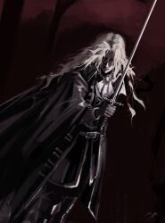 1boy alucard_(castlevania) ascot belt belt_buckle buckle castlevania_(series) cloak closed_mouth coat curtained_hair feet_out_of_frame greyscale highres holding holding_sword holding_weapon long_hair looking_at_viewer male_focus monochrome pants parted_bangs parted_hair sidelighting signature solo standing sword weapon yautja