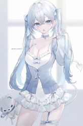 Rule 34 | 1girl, absurdres, bandage on face, bandages, bandaid, bandaid on cheek, bandaid on chest, bandaid on face, blue collar, blue eyes, blue nails, blue ribbon, blurry, blurry background, blush, breasts, cleavage, collar, commentary, crossed bangs, demon tail, double-parted bangs, dress, ear piercing, fang, frilled dress, frilled thigh strap, frills, garter straps, gradient clothes, hair between eyes, hair intakes, hair ribbon, highres, holding, holding own hair, holding stuffed toy, long eyelashes, long hair, looking at viewer, medium breasts, morino wako, open mouth, original, piercing, ribbon, single garter strap, single thighhigh, skin fang, sleeves past wrists, solo, standing, stuffed toy, tail, thigh strap, thighhighs, thighs, twintails, white background