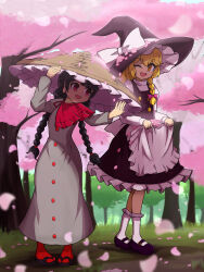 2girls absurdres ajirogasa aokicosumo apron apron_basket black_hair black_shoes black_skirt black_vest blonde_hair bow braid brown_hat capelet cherry_blossoms commentary_request dress falling_petals grey_dress hair_bow hat hat_bow highres kirisame_marisa long_earlobes long_hair long_sleeves mary_janes multiple_girls one_eye_closed open_mouth outdoors petals pink_bow pink_petals red_capelet red_eyes shoes side_braid single_braid skirt smile socks touhou translation_request tree twin_braids vest waist_apron white_apron white_bow white_socks witch_hat yatadera_narumi yellow_eyes
