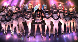 6+girls absurdres apron black_dress breasts celes_ashcroft character_request crossed_arms dress embarrassed highres kuro_no_maou large_breasts lily_(kuro_no_maou) looking_at_viewer maid maid_apron maid_headdress multiple_girls nikuman_(samara) prim_fiorire_(kuro_no_maou) reki_(kuro_no_maou) sariel_(kuro_no_maou) small_breasts thighhighs ursula_(kuro_no_maou) white_thighhighs
