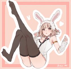 Rule 34 | 1girl, animal ears, artist name, bad id, bad pixiv id, bare shoulders, blush, breasts, commentary, danganronpa (series), danganronpa 2: goodbye despair, detached collar, fake animal ears, fishnet thighhighs, fishnets, flipped hair, hair ornament, highres, leg up, leotard, medium breasts, medium hair, nanami chiaki, pink eyes, playboy bunny, rabbit ears, shala (shala 0913), solo, strapless, strapless leotard, thighhighs, thighs, wrist cuffs