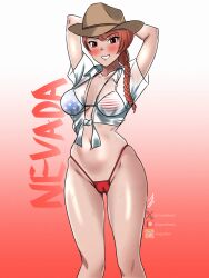 Rule 34 | 1girl, american flag, american flag bikini, american flag print, arms behind head, arms up, bikini, bikini under clothes, blush, braid, breasts, brown hat, cameltoe, character name, cowboy hat, feet out of frame, flag print, flag print bikini, front-tie top, gradient background, hat, highres, kantai collection, large breasts, long hair, looking at viewer, navel, nevada (kancolle), nevada kai (kancolle), nevada kai mod.2 (swimsuit) (kancolle), print bikini, red eyes, red hair, see-through clothes, see-through shirt, shigure (choukaikaini), shirt, single braid, smile, solo, standing, stomach, string bikini, swimsuit, white shirt
