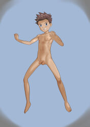 1boy akiyama_ryo armpit_crease artist_request barefoot biomerge blue_eyes brown_hair clenched_hands clenched_teeth collarbone completely_nude determined digimon digimon_tamers feet fighting_stance fingernails flaccid floating full_body fusion gluteal_fold groin hands_up highres knees legs looking_at_viewer male_focus matrix_evolution navel neck nipples nude parted_lips short_hair shota small_penis spiked_hair spread_legs stomach teeth testicles thighs toes