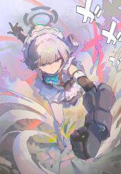 1girl absurdres apron black_gloves black_skirt blue_archive blue_bow blue_eyes blunt_bangs boots bow gloves gun gun_on_back hair_between_eyes hair_bun hairband highres knee_boots maid maid_apron maid_headdress mechanical_arms parted_lips sidelocks single_mechanical_arm skirt standing standing_on_one_leg toki_(blue_archive) weapon weapon_on_back white_apron white_boots white_hairband yaungpeng