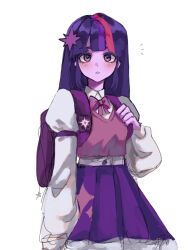 Rule 34 | 1girl, animification, backpack, bag, belt, blunt bangs, blush, bow, bowtie, collared shirt, colored skin, commentary, cowboy shot, english commentary, hair ornament, hand up, highres, juliet sleeves, lanlishiba, long hair, long sleeves, looking at viewer, multicolored hair, my little pony, my little pony: equestria girls, my little pony: friendship is magic, notice lines, pink hair, pink sweater vest, puffy long sleeves, puffy sleeves, purple bow, purple bowtie, purple eyes, purple hair, purple skin, purple skirt, school uniform, shirt, sidelocks, simple background, skirt, solo, sparkle hair ornament, sparkle print, standing, streaked hair, sweater vest, teeth, twilight sparkle, unfinished, white background, white belt, white shirt