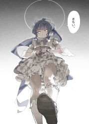 1girl absurdres amamiya_kokoro angel angel_wings bare_arms black_hair bloomers blue_bow blunt_bangs bow bowtie brown_bow brown_bowtie brown_corset brown_shoes clothes_lift commentary corset dress english_commentary expressionless eyelashes eyeshadow foot_out_of_frame frilled_dress frilled_footwear frilled_sleeves frills gradient_background grey_background hair_bow halo high_ponytail highres kneehighs l_c_ri_s_ps lifting_own_clothes long_hair makeup nijisanji parted_lips petticoat pink_eyeshadow ponytail puffy_short_sleeves puffy_sleeves shoes short_dress short_sleeves skirt skirt_lift socks solo speech_bubble traditional_halo translation_request underwear upskirt very_long_hair virtual_youtuber white_background white_bloomers white_dress white_eyes white_halo white_socks white_wings wings