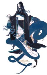 1girl absurdres closed_eyes coiled commentary_request highres incense incense_burner japanese_clothes kimono lamia long_hair monster_girl original scales smoke snake surie very_long_hair watermark white_background